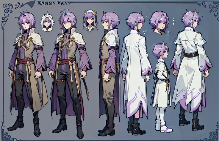 1man, reference sheet, (fantasy character design, front, back, side) manly, mage, magic user, tall build, lavender skin color. magical magenta-eyes, short dark gray hair, neatly kept. flowing dark robes.