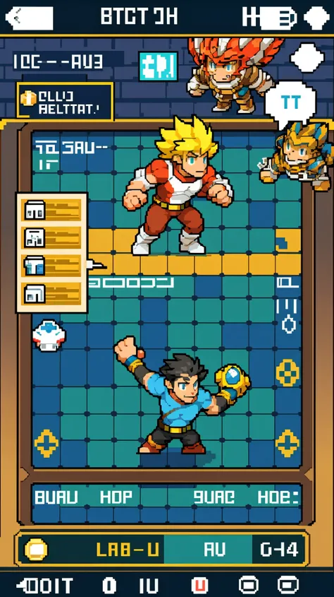 highres, absurdres, perfect anatomy(super handsome 2boys, pair)detailed background, User Interface of smartphone game, dots game, pixel art, dungeon, jumping, punch, kick, full body, sound effects, motion blur, “VS”