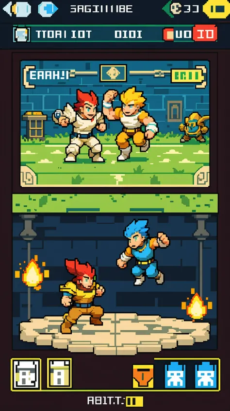 highres, absurdres, perfect anatomy(super handsome 2boys, pair)detailed background, User Interface of smartphone game, dots game, pixel art, dungeon, jumping, punch, kick, full body, sound effects, motion blur, “VS”