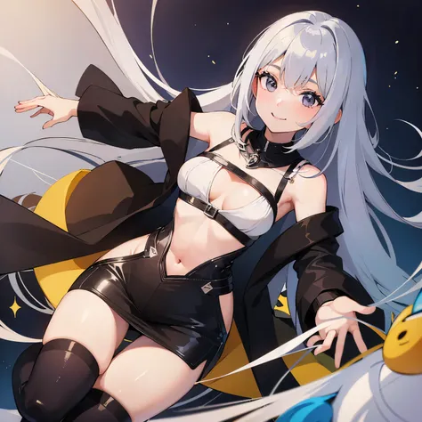 ((highest quality)), ((masterpiece)), (be familiar with), 1 person,woman,whole body,silver hair,black eyes,smile,look down,