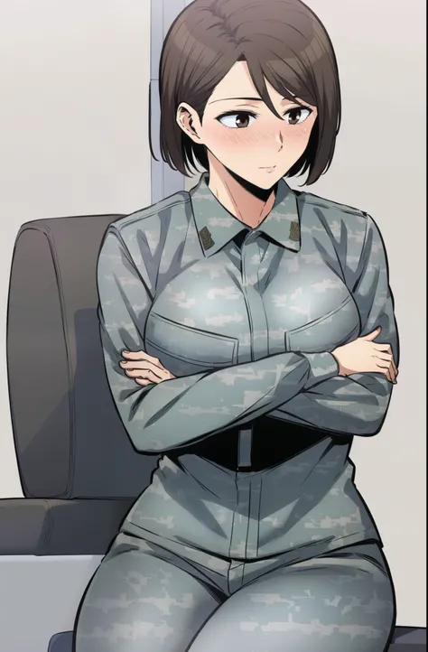 master piece, 1girl, solo, blush, short hair, large breasts, brown hair, white background, sitting, pants, uniform, looking to the side, brown eyes, military, military uniform, looking away, crossed arms, camouflage

