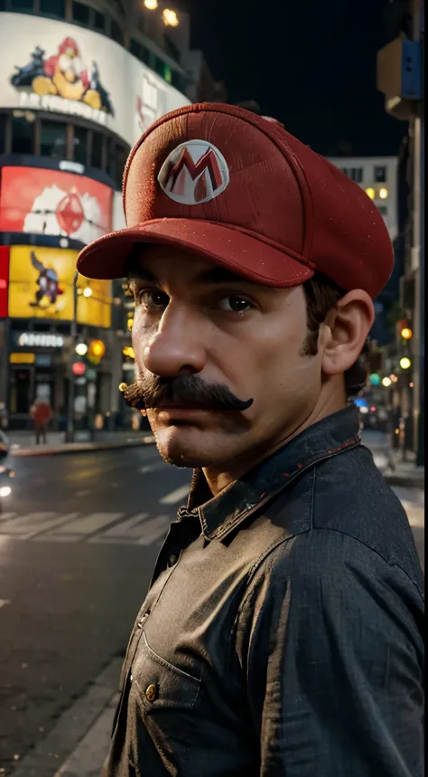 Masterpiece, Highest Quality, Ultra-Detailed, Hyper-Real, ((mario bross)), Perfect Face, FOTO FRONTAL, cinematic lighthing, full body, (red hat), In the middle of the traffic light