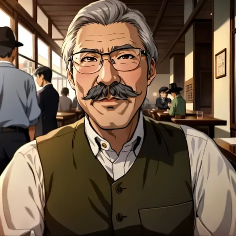 A man with a mustache and glasses is sitting at a table, akihiko yoshida 8 k, miyazaki hayao, Satoshi, All heroes, Hayao Miyazaki, riichi ueshiba, hidetaka miyazaki, robert kondo, Hayao Miyazakis animation style, shotaro ishinomori