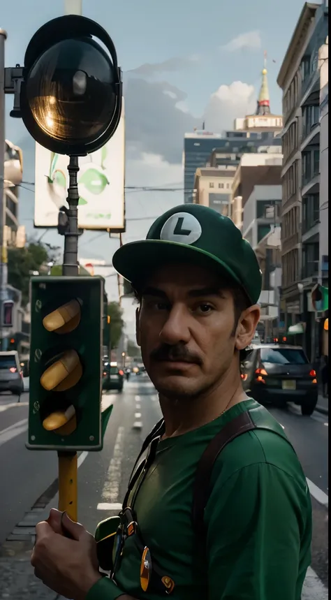 Masterpiece, Highest Quality, Ultra-Detailed, Hyper-Real, ((Luigi bross)), Perfect Face, FOTO FRONTAL, cinematic lighthing, full body, (red hat), In the middle of the traffic light