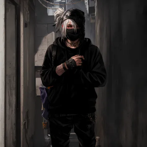 ((ultra realistic details)), arafed white man with white dreadlocks and a hoodie standing in a dark hallway, black mask, blue eyes, badass anime, portrait, global illumination, shadows, octane render, 8k, ultra sharp, metal, intricate, ornaments detailed, ...