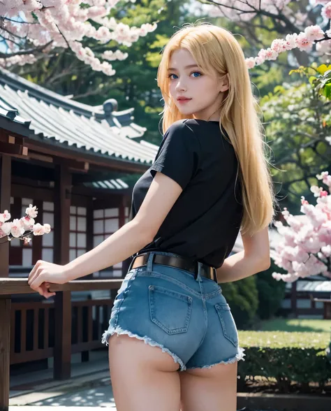 1girl, (Blue Eyes), smiling, (Sana Minatozaki), (black t-shirt :1.2), Big , big ass, (Best Quality, 8k, Masterpiece: 1.3), Clear Focus: 1.2, Perfect Body Beauty: 1.4, strong abs, Highly detailed face and skin texture, detailed eyes, double eyelids, (blonde...