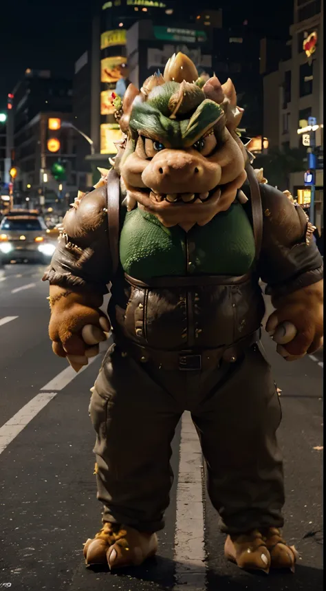 Masterpiece, Highest Quality, Ultra-Detailed, Hyper-Real, ((bowser)), Perfect Face, FOTO FRONTAL, cinematic lighthing, full body, (big), In the middle of the traffic light