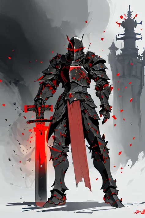 (black knight:1.1,red aura) (full covered armor,black Sallet helm) (intense fighting pose) (neon red trimming,black long sword) (fighting another random knight) (more cooler)