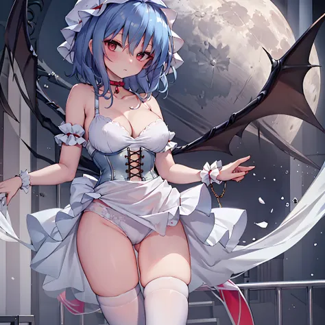 (Remilia toho character), (solo:1.2), (standing on the deck of mansion:1.1), a full moon, midnight, BREAK, short hair, collarbone, (emphasize very perky large breasts:1.1), (emphasize cleavage:1.2), (inconceivably thin narrow waist:1.3), (very short thin t...