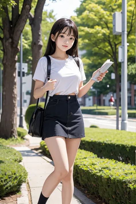 Wear a super mini skirt、I am a 20 year old female college student.、Holding a large amount of materials in both hands in front of a university lecture hall