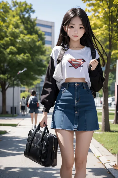 Wear a super mini skirt、I am a 20 year old female college student.、Holding a large amount of materials in both hands in front of a university lecture hall