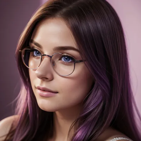 (best quality,4K,8K,high resolution,chef-d&#39;artwork:1.2), ultra-detailed, (realistic,photorealistic,photo-realistic:1.37), a young white woman aged 18, aux longs cheveux violets, lunettes rondes; looking at his phone, (Beautiful detailed eyes:1.1), (bea...