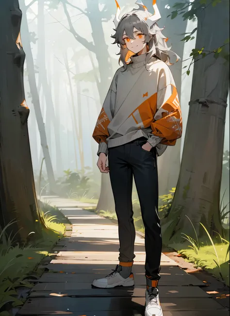 1male , Young Male , White Horns , Messy Dark Grey Hair , Wavy Hair , Orange Eyes , Grey Sweater , Black Jeans , Calm Smile , Standing on path , Casual Clothing , Pale Blue Skin , Forest Background 