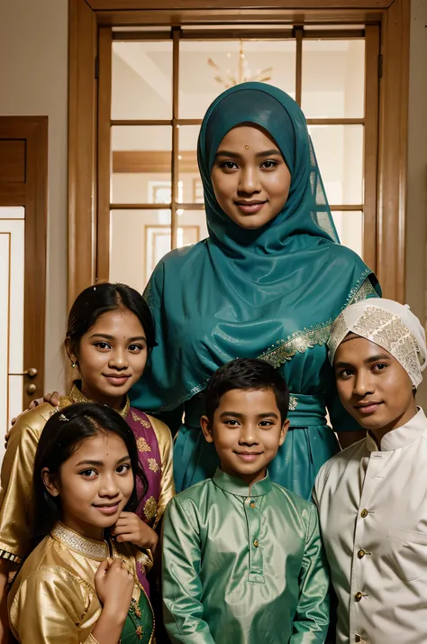 a poster to wish hari raya, with a family celebrating, very happy, with traditional outfit on, hari raya, at home,with tudung