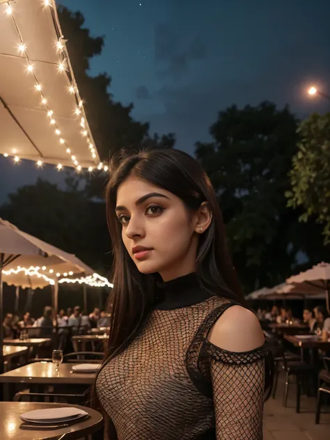 Raw photo, realistic,girl,Indian girl,age 22, full body,pale skin, body, beautiful face, detailed face,black fishnet sweater dress,big breasts, full body, standing, outdoor, night, restaurant, ((looking at viewer)),((face towards me)), front profile