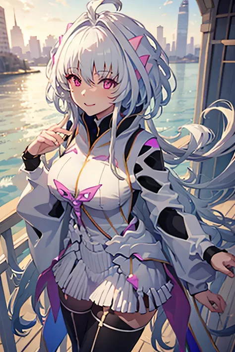 8k, masterpiece, best quality, high quality, illustration, artstyle, 1girl, single, solo, messy white long hair, stockings, pink eyes, succubus, big breast, Prototype Merlin, big sister, white clothes, white skirt