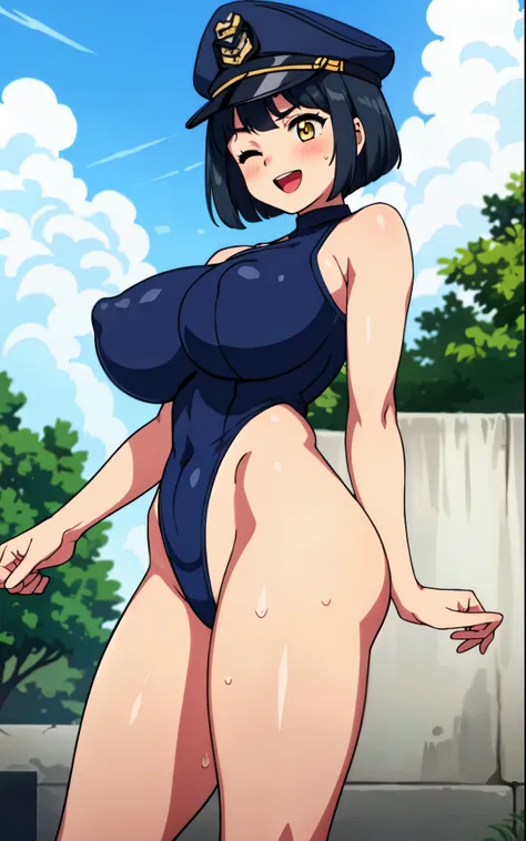 realistic, masterpiece, highest quality, perfect anatomy, (fine eyes), female police officer, huge breasts, Sweat, outdoors, ((navy blue leotard)), yellow eyes、bob cut、police hat、black hair 、swollen nipples,  blush、 swollen nipples、blush、pelvic curtain, (w...