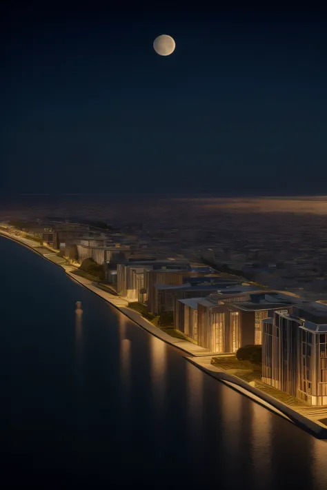 A 3D model showcasing a coastal cityscape, embellished with the soft illumination of a full moon, revealing the intricate architectural details of buildings, streets, and waterfronts. This captivating creation captures the serene atmosphere that emerges fr...