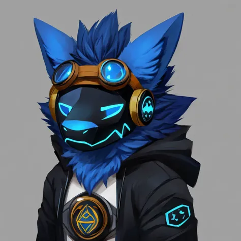 Protogen, stout, male, solo, slightly chubby, calm, claws, short spiky hair, serious expression, (neutral face), black and blue fur, black parka, blue goggles, (goggles on forehead)