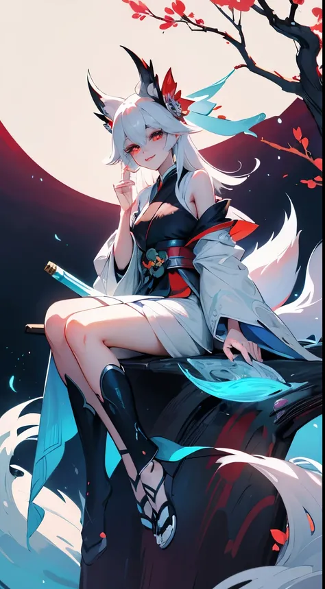 Drawing of a fox with white hair sitting on a branch, ethereal fox, Kyuubi fox, fox three-tailed fox, Onmyoji Detailed Art, Kyuubi, Beautiful artistic illustration, mythical creatures, fox, Beautiful digital art work, Beautiful digital illustrations, Water...