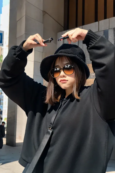 Arab spanish girl in a black hat and black jacket, Wearing a Sith hood, wearing a black hood, 15 years, she is wearing streetwear, sunglasses