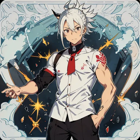 Half Japanese and half Mexican, male, tan skin Anime man, 23 years old with long hair, white slicked back spiky hair with Ragna the bloodedge hairstle with tied up braid at the end. hair pulled back, white hair, and has arm wraps, neck tattoo, a bit of mus...