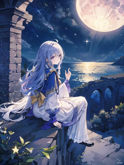 A beautiful moonlit night. girl sitting on the edge of a cliff、clouds at my feet、back view、Star-studded night sky. meteor、彼女は美しい顔とbright colorsの輝く目をしています. She wears a costume with an intricate and beautiful design. Detail view. bright colors. High resoluti...