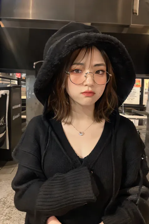 Arab spanish girl in a black hat and black jacket, Wearing a Sith hood, wearing a black hood, 15 years, she is wearing streetwear, sunglasses