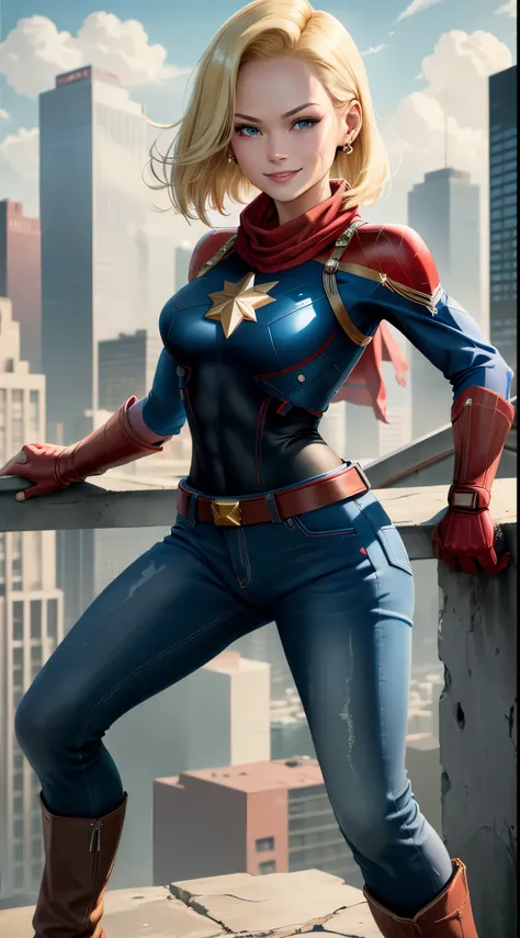 best quality, highres, and18, 1girl, android 18, solo girl, 1girl, blonde hair, blue eyes, captain marvel, red clothe belt, red boots, blue and red bodysuit, long pilot scarf, blue long sleeve shirt, blue pants, earrings, red gloves, medium breasts, cowboy...