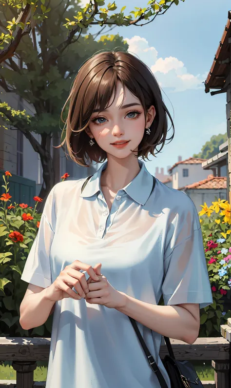 8k,(((masterpiece:1.8, highest quality))), (real image, intricate details), 1 female, alone,very beautiful face, Upper body, ((open chest polo shirt)),( short hair), minimal makeup, Natural materials, movie lighting,close up of face, smile, garden