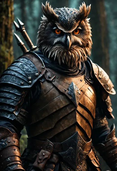 (best quality,4k,highres,masterpiece:1.2),ultra-detailed,(realistic,photorealistic:1.37),human warrior, splinted armor:1.1, glowing sword:1.1, high position, riding, owlbear, strong, fierce, intense gaze, determined expression, battle-ready, majestic, powe...