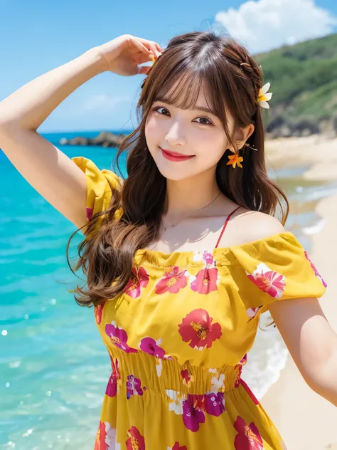 Cute female fashion image generation,bright smile,long hair,Brown,colorful summer dress,big flower hairpin,winking,bright coast background