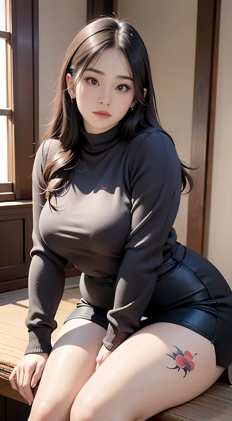 there is a woman sitting down with a longest brown hair, bbwchan, thicc, brown hijab outfit, brown hairstyle model, korean girl,...