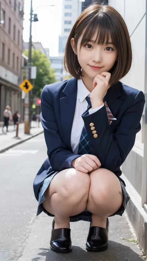 歩道でsquatting downかわいい18歳の女の子,red tie uniform,dark blue closed blazer,blue plaid mini skirt,bangs,a little smile,thighs,knees,ran...