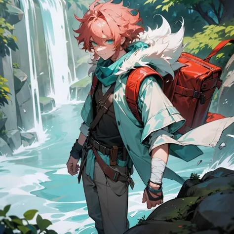 1male, young teen, medium messy hair, coral colored hair, finely detailed aqua eyes, casual adventurous clothes, jacket with fur hood on head, damaged scarf, bandolier across chest, bandages wrapped around arms, hiking backpack, forest, grotto, waterfall, ...