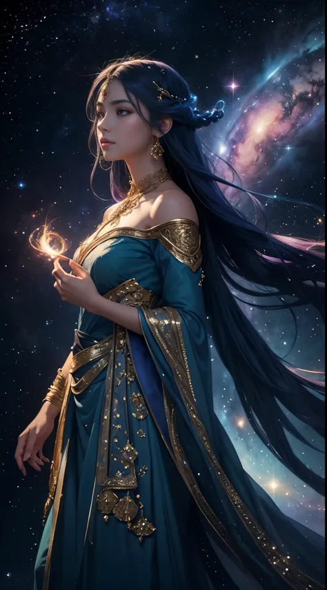 In a fascinating digital image, in a standing, dynamic pose, a resplendent lifelike avatar stands, emanating a sense of ethereal majesty. The character appears as a graceful young woman with flowing indigo hair, adorned with delicate golden jewelry that gl...