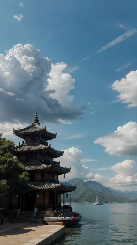 scenery, watercraft, outdoors, no_humans, cloud, water, boat, sky, architecture, east_asian_architecture, lantern, mountain, building, tree, dragon, cloudy_sky