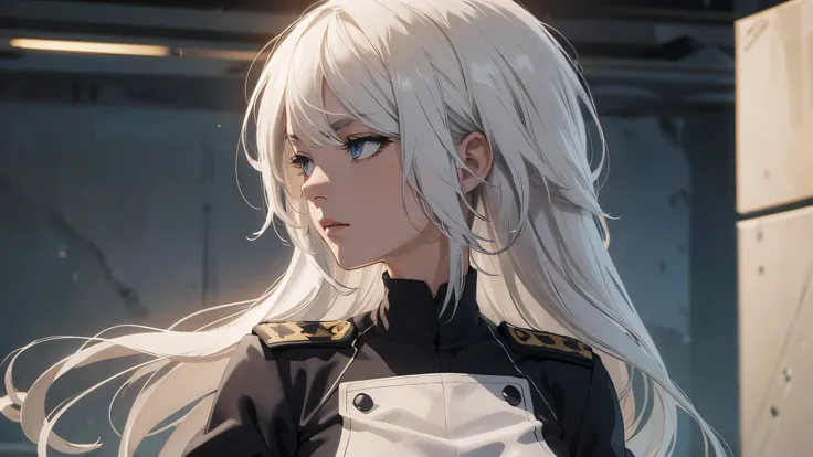 (extremely detailed CG unity 8k wallpaper), (masterpiece), (best quality), (ultra-detailed), (best illustration), (best shadow), (absurdres) ,(detailed eyes), 2b, 1girl, long hair, white hair, solo, Intimidating women, admiral uniform, night, hero pose, wh...