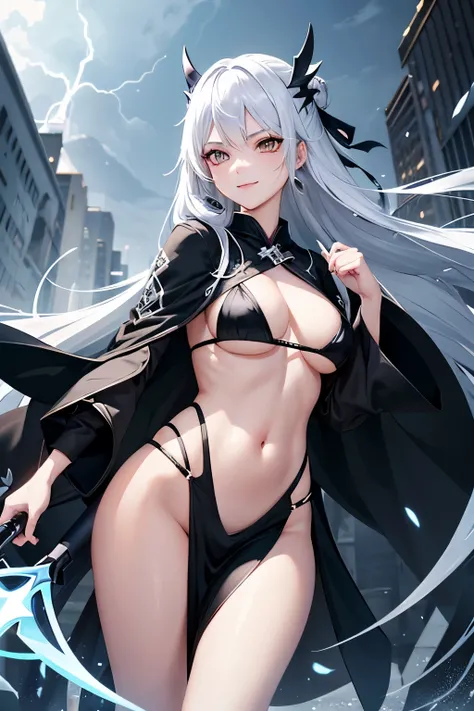 A beautiful girl with a cool 3m scythe、She has silver hair and silver eyes that emit a mysterious light.、Wearing a black robe and white skirt、Lightning is shining behind me、Where are the clothes?々Ripped、smiling belligerently