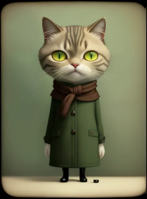 There is a cat wearing a coat and scarf, Anton Semenov, anthropomorphic cat, anthropomorphic female cat, Mark Ryden in the style of, Ghibli Tom Bagshaw, mark ryden style, mark leiden style, mark ryden very detailed, benjamin lacombe, artificial cat, by Van...