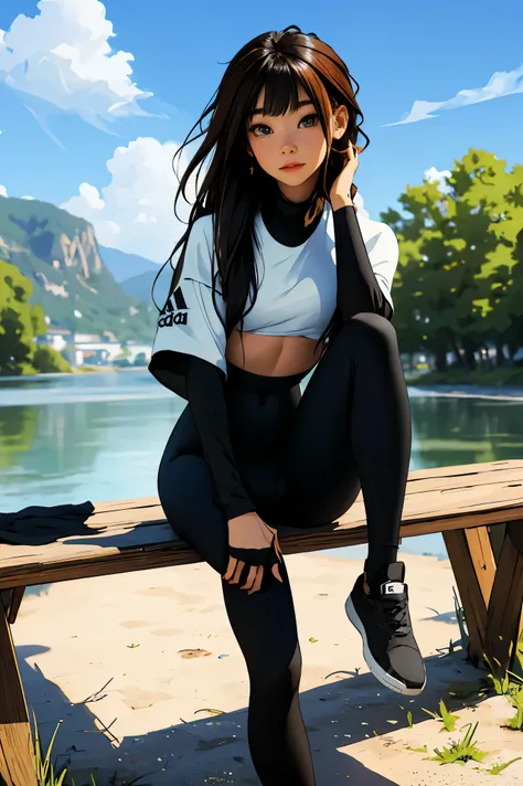 an anime girl sitting on a bench overlooking a lake and drinking at a cafe, realistic cute girl illustration, anime girl drinks ...