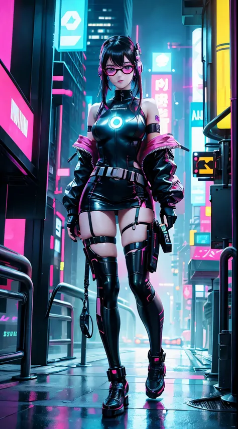 Craft an AI-generated cyberpunk image featuring a young woman donned in a sleek, cyber-enhanced outfit. Envision her against a backdrop of towering skyscrapers with cascading neon lights. Add intricate cybernetic enhancements like augmented reality glasses...