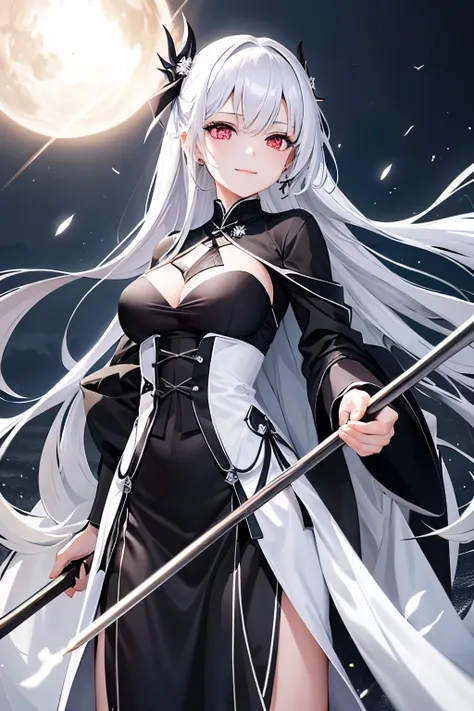 A beautiful girl holding a long-handled scythe、She has silver hair and silver eyes that emit a mysterious light.、Wearing a black robe and white skirt、Lightning is shining behind me、robe place々torn、smiling belligerently