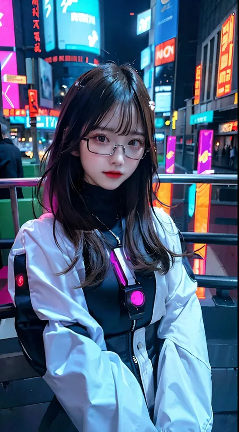 Craft an AI-generated cyberpunk image featuring a young woman donned in a sleek, cyber-enhanced outfit. Envision her against a backdrop of towering skyscrapers with cascading neon lights. Add intricate cybernetic enhancements like augmented reality glasses...