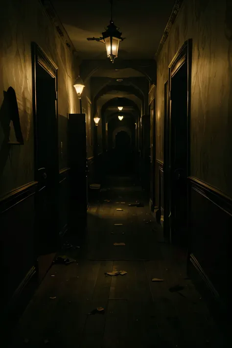 In the eerie stillness of the abandoned corridor of a Victorian-era hotel, shadows dance and twist like malevolent spirits, their elongated forms casting grotesque shapes against the faded wallpaper and ornate molding. The air is thick with an oppressive m...