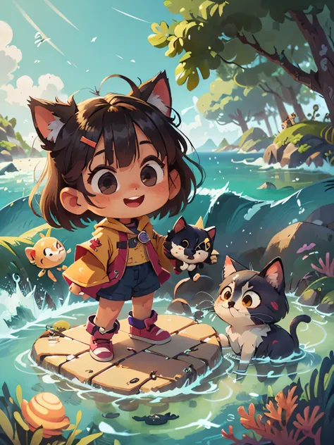 a bit, Cat, SD character, chibi character, cute, girl, 1 person, smile, adventure, Ocean, with cute pets, whole body, full of energy, masterpiece, 3D rendering, highest quality, lots of details, (夏のOceanの背景), sun, sunny, vinyl toy figurine