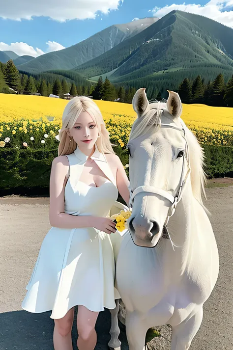 A professional photographers picture of a beautiful blonde girl holding a rose in front of her mouth, standing next to a white horse. The girl wears a lemon yellow dress, the horse has a pure white coat. The background is at the foot of a mountain, with a ...