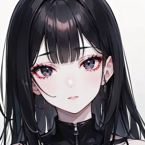 A girl, black long hair, lipstick, defined lips, black eyes, pale skin, face focus, face picture, black eyes, straight bangs, calm