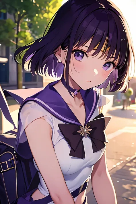 highest quality, masterpiece, ultra high resolution, 1 girl, cute,  sunny, street, dynamic light and shadow, (sailor saturn), we...