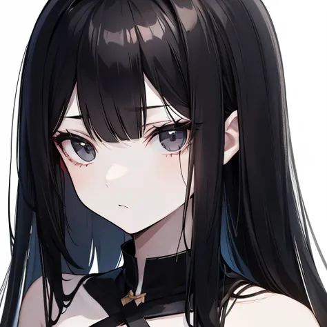 A girl, black long hair, black eyes, pale skin, face focus, face picture, black eyes, straight bangs, calm, white background, off shoulders